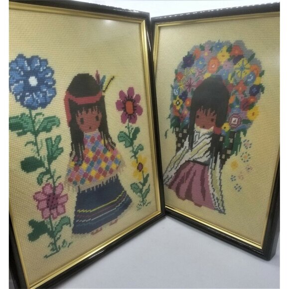 Ted DeGrazia Flower Girl Poncho Girl Finished Needlepoint Cross Stitch Framed - Picture 10 of 10